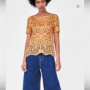 Zara Women’s Orange Mustard Embroidered Tulle Floral Blouse